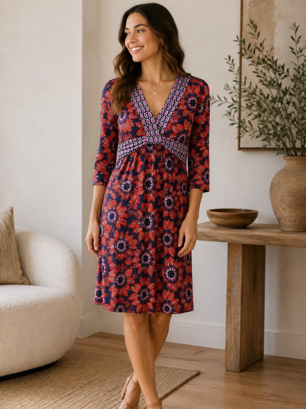 Boden Floral Print Empire Waist Jersey Dress Size 4